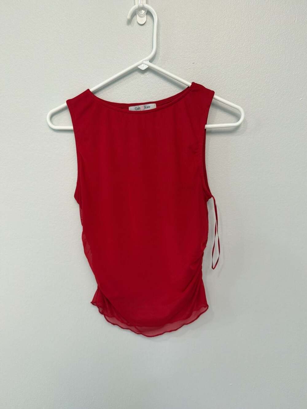 Gab & Kate Red Sleeveless Ruched Mesh Overlay Top
